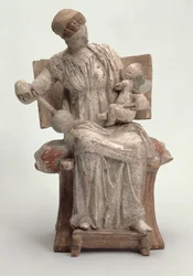 Figurine of Aphrodite Playing with Eros, Greek, from Tanagra, late 4th century BC